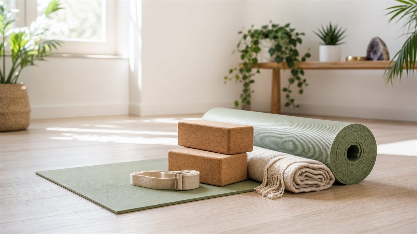 Yoga mat, cork blocks, and movement props in a calm wellness studio in Moncton