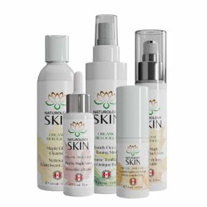 Radiance Set — five-piece Naturology Skin routine: cleanser, serum, toning mist, eye cream and day cream