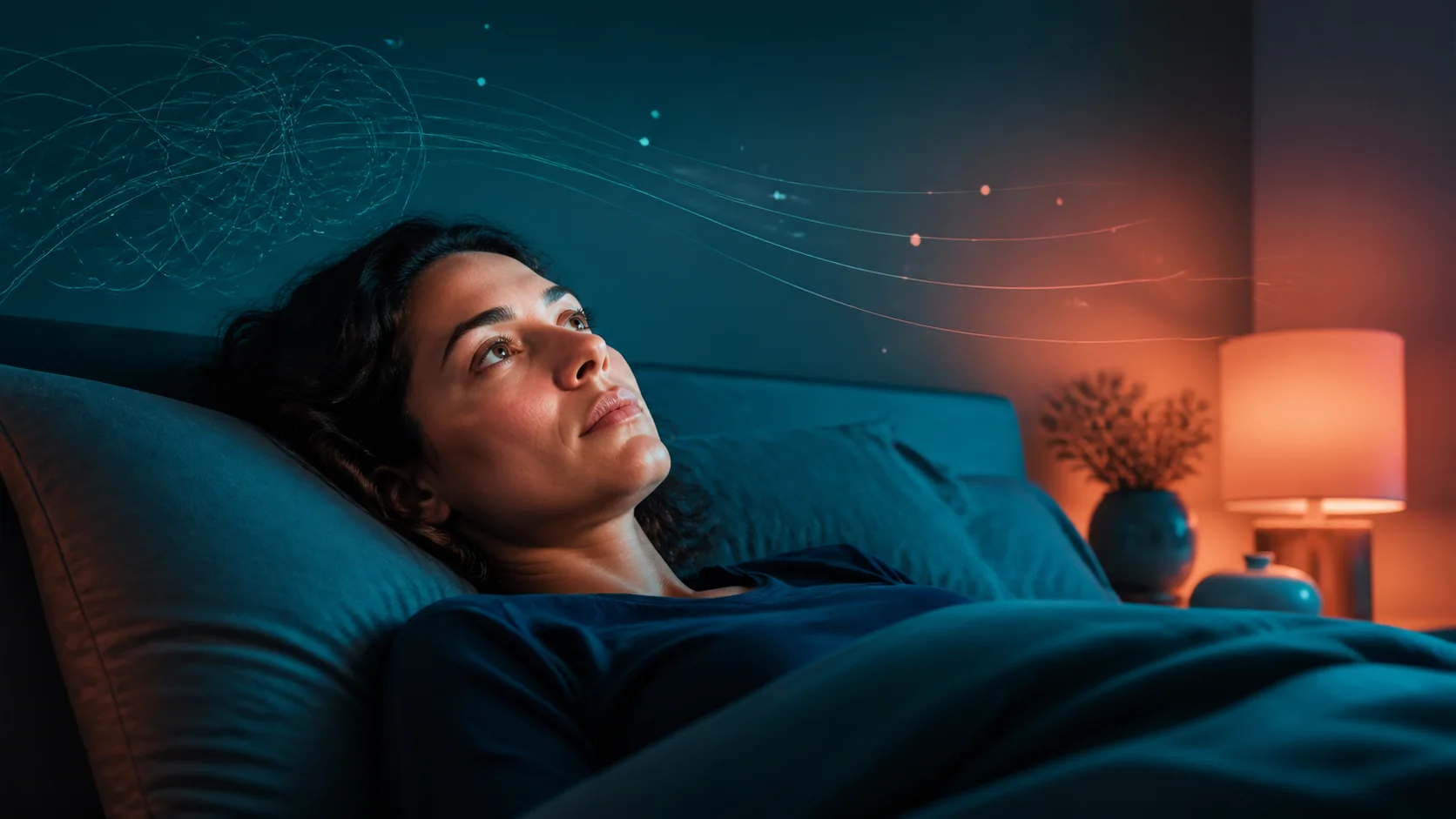 Woman awake in bed as racing thoughts begin to settle