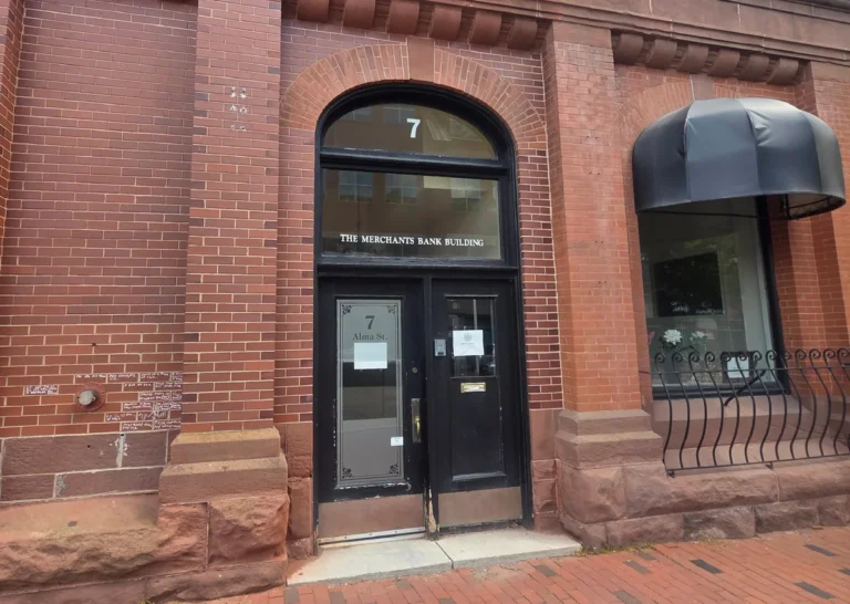 Entrance to the Merchants Bank Building at 7 Alma Street in Moncton