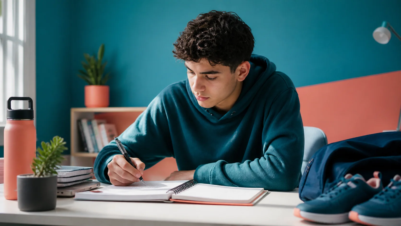Teen focusing on schoolwork with healthy routine cues