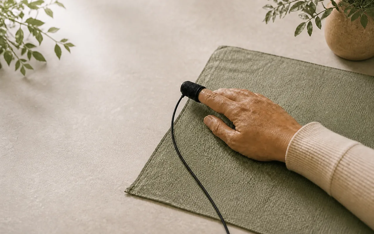HeartMath HRV biofeedback finger sensor used during integrated anxiety and stress support at Naturology Centre