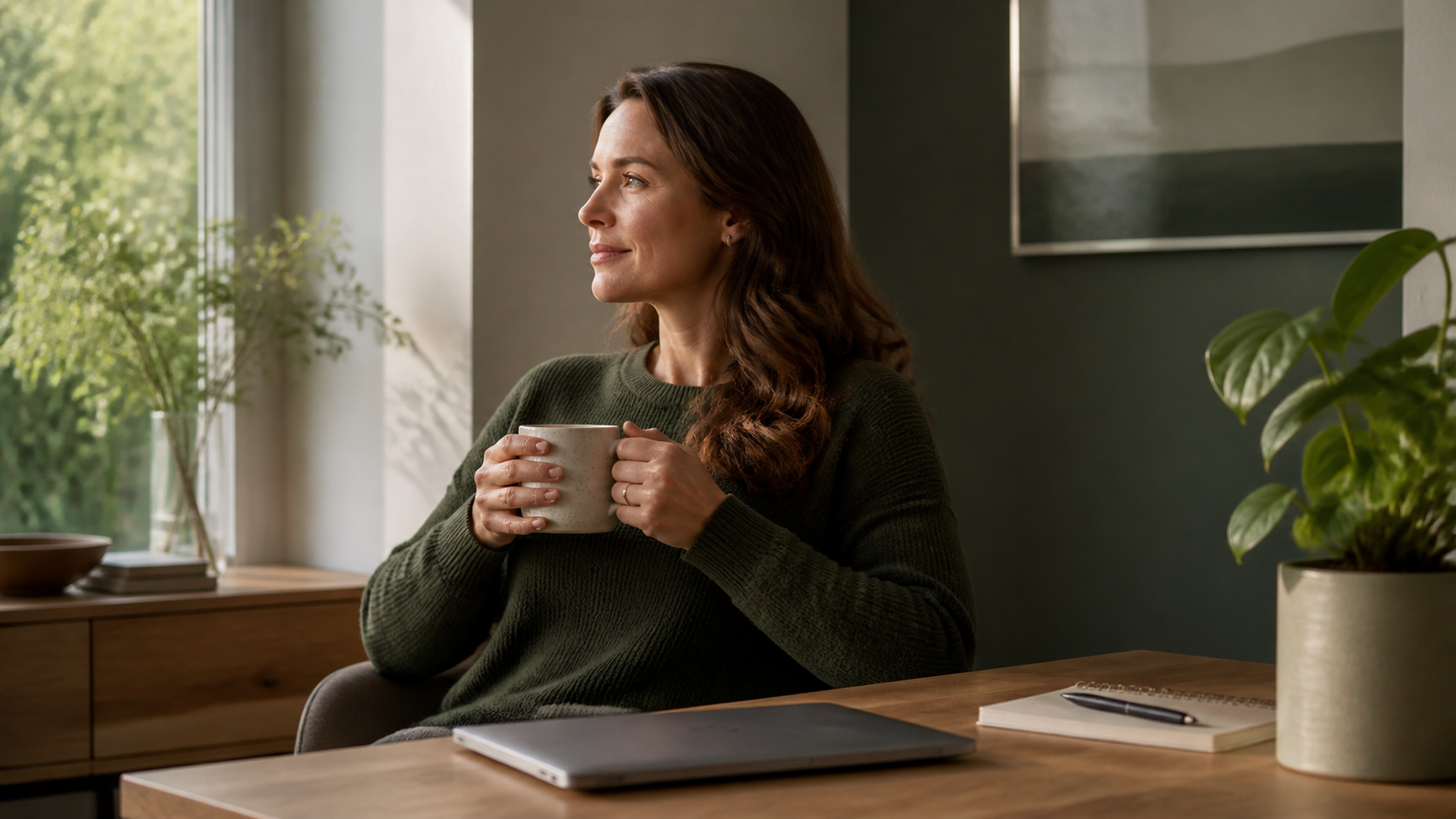 Professional taking a quiet restorative pause beside a closed laptop