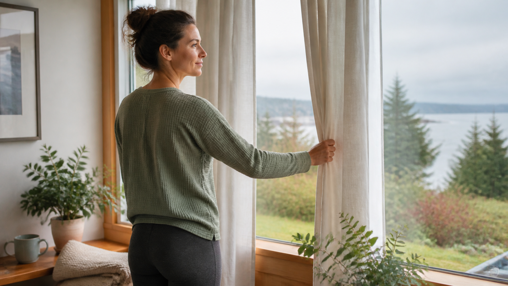 Woman opening curtains on a calm morning, representing renewed motivation and momentum