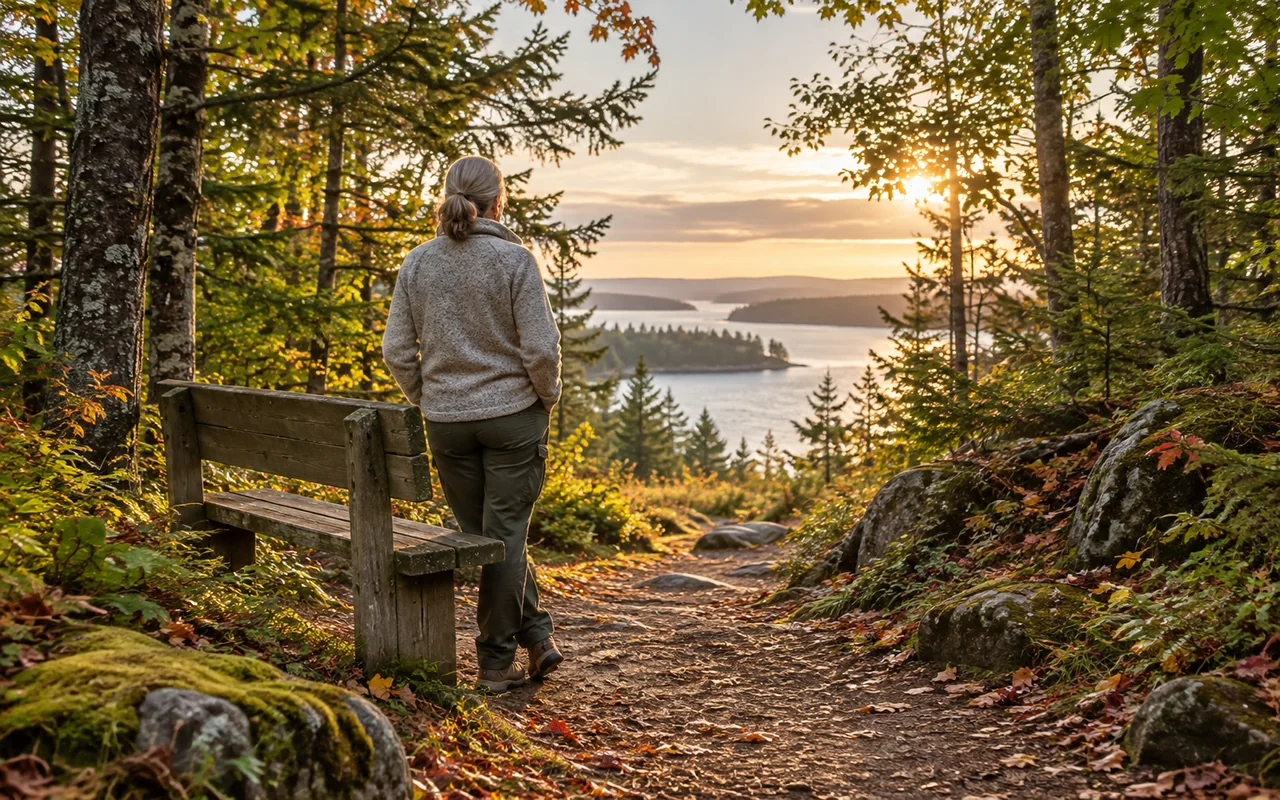 An adult pauses beside a woodland bench, looking toward a sunlit path and water beyond the trees.