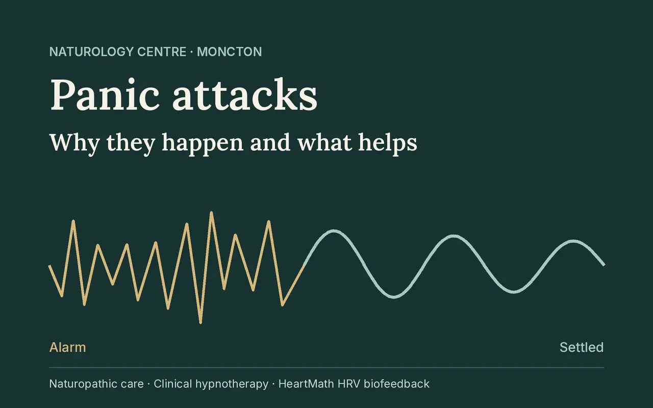 Panic attacks: why they happen and what helps. A jagged alarm line settling into a smooth, steady wave.
